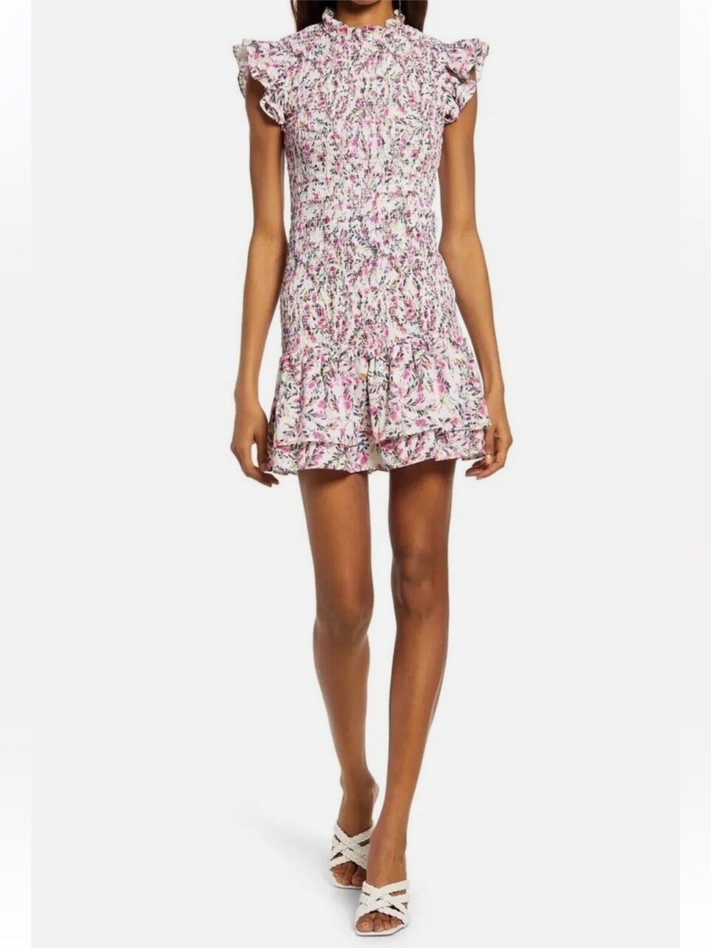 French Connection Pink & White Floral Ruffle Smock Mini Dress